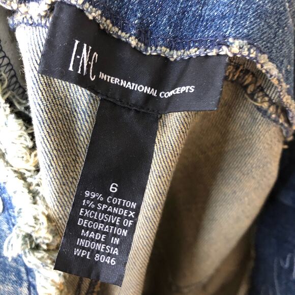 INC Denim Mini Skirt Sz 6 Blue Jean Fringe Embroidered Beaded Y2K Stretch - Picture 8 of 9
